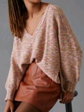 Pilcro Deep V Sweater Cropped Slits Marled Knit Pullover Pink Yellow Cream XS